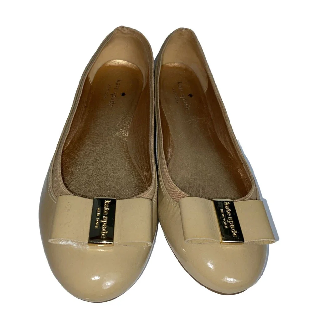 Kate Spade New York Patent Leather Ballet Flats Tan Bow Slip On Shoes 8.5 M